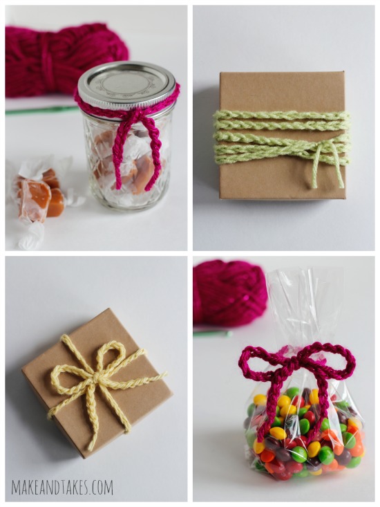 4 Ways to Wrap Chain Stitched Crochet Yarn for Gifts @makeandtakes.com #crochetaday #diy #giftideas