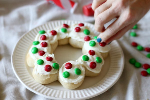 Adding Candies to Baked Christmas Wreaths