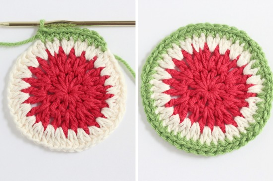 Adding green yarn to a crochet watermelon coaster