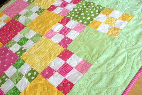 This quilt has a sort of 'nine patch' pattern to it that I learned from a 