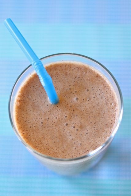 Chocolate, Peanut Butter, and Banana Smoothie with a straw