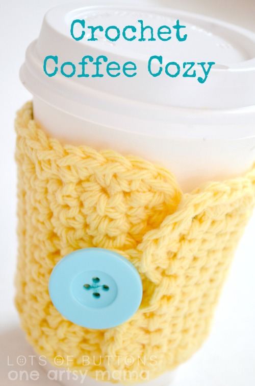 Crochet Coffee Cozy Pattern with a Button by oneartsymama.com