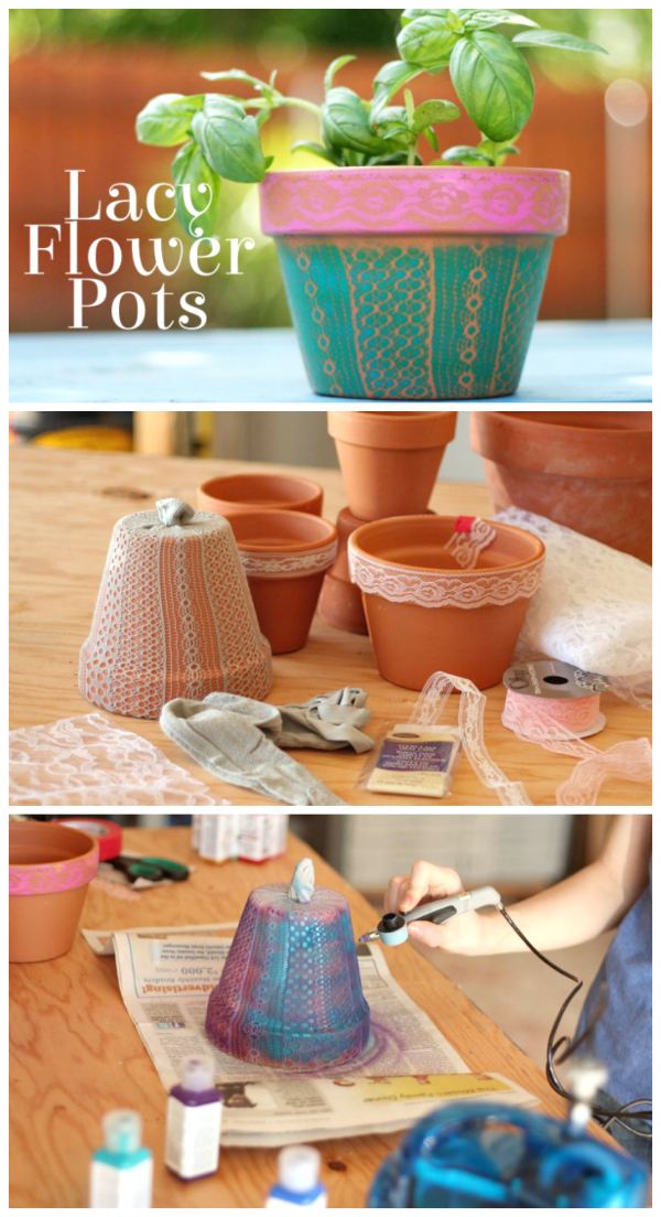 DIY Airbrushed Lacy Flower Pots
