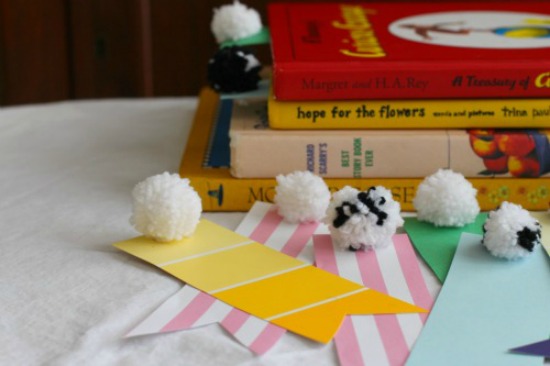 DIY for Kids Paint Chip Paper and Pom Pom bookmarks