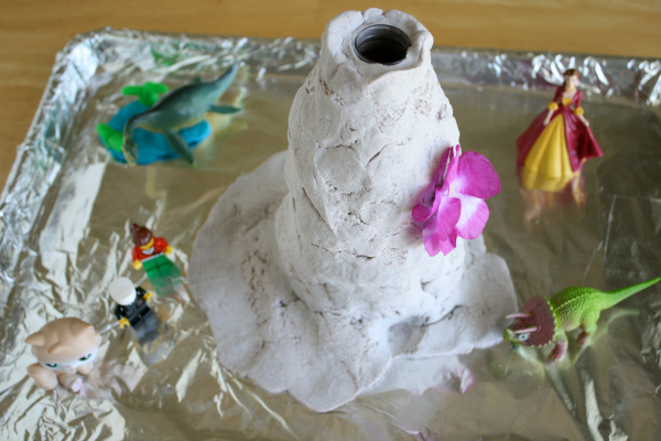Homemade Volcano with Dried Play Dough and Toys