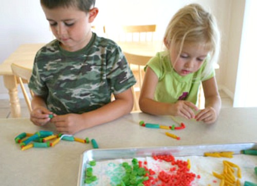 Kids Making Colored Pasta Necklaces