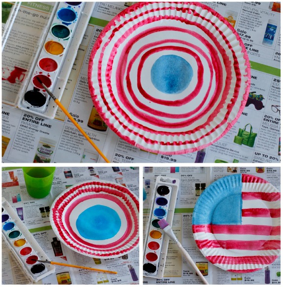 Painting Watercolor Paper Plates with Red, White, and Blue