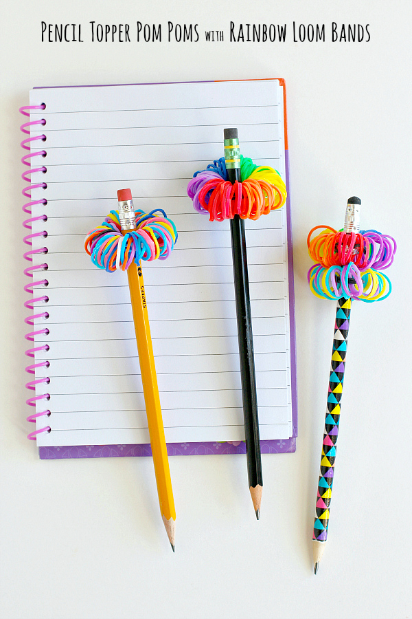 Pencil Topper Pom Poms with Rainbow Loom Bands to Make