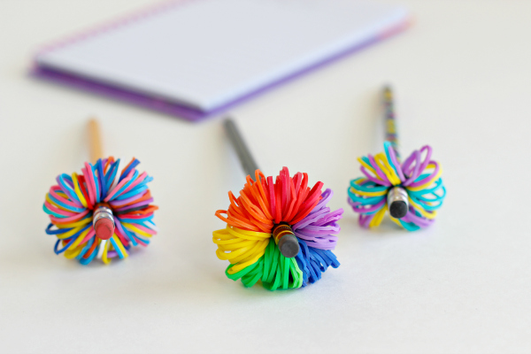 Pencil Topper Pom Poms with Rainbow Loom Bands