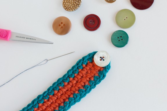 Sewing Buttons on Crochet Bracelet Bangles 