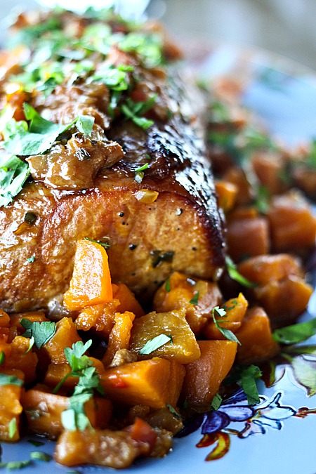 Slow Cooker Peach Salsa Pork Roast with Sweet Potatoes