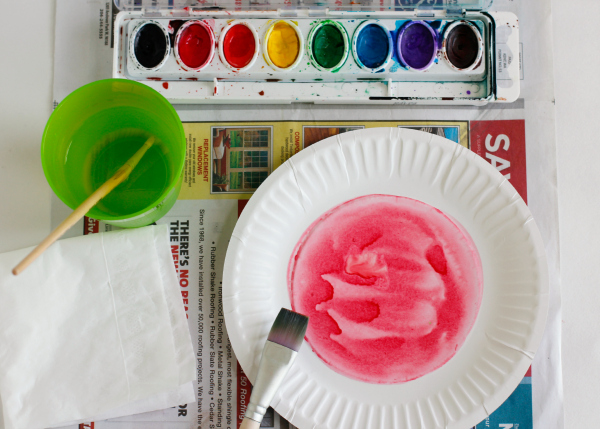 Watercoloring the Inside of a Paper Plate Watermelon