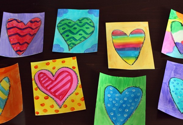 Colorful painted hearts art project