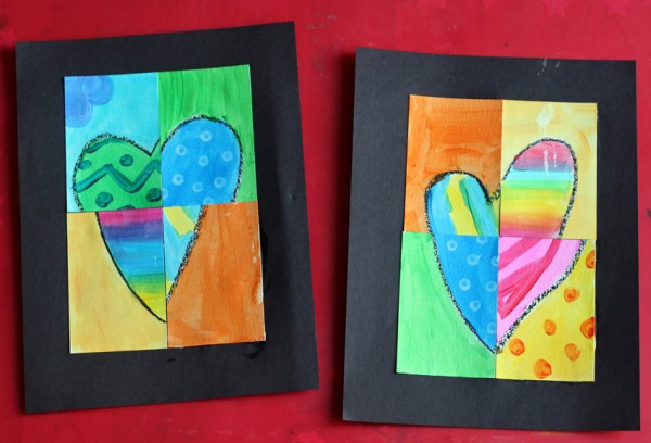 Abstract painted and pieced hearts art project