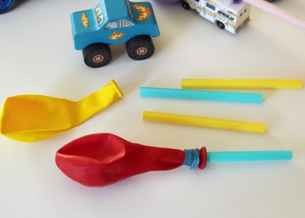 Balloons and straws for toy car racers