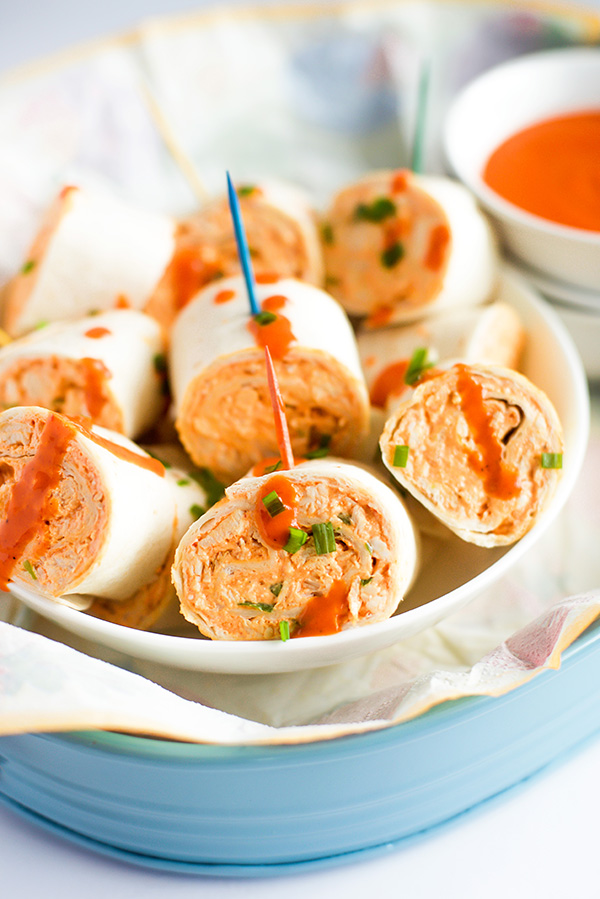 Buffalo Chicken Pinwheels with dipping sauce