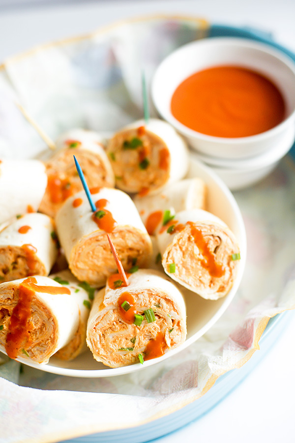 Buffalo Chicken Pinwheels with dipping sauce