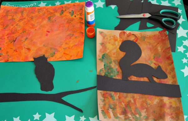 Fall tree painting and collage silhouette art