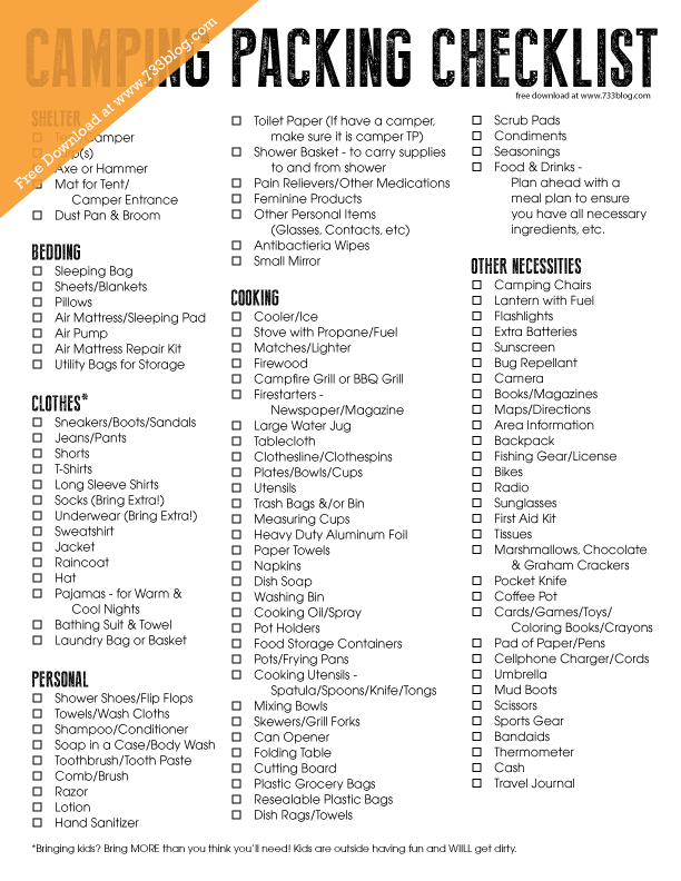 Free Camping Checklist Printable via @733Blog