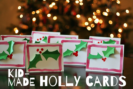 Kid-Made Christmas Holly Cards @makeandtakes.com