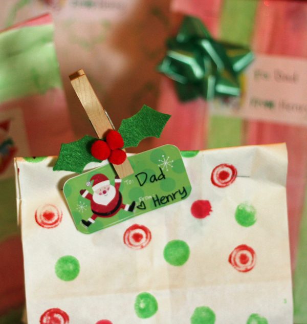 Holly clothespin gift bag topper