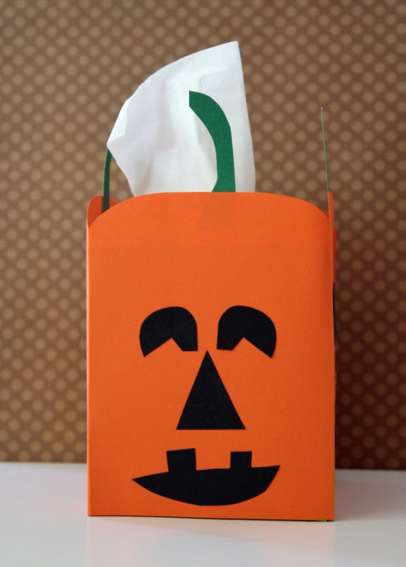 Halloween crafting with a jack-o'-lantern tissue box