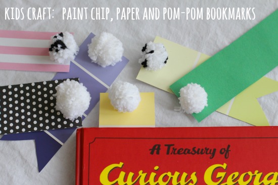 kids craft paint chip paper and pom pom bookmarks
