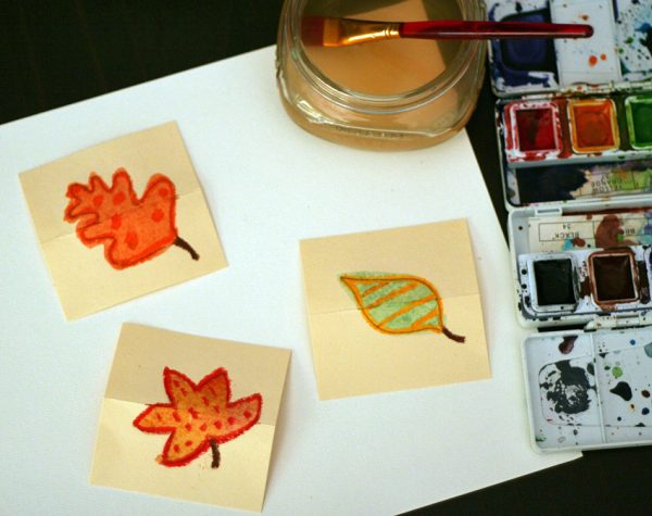 Pastel and watercolor resist leaf place cards