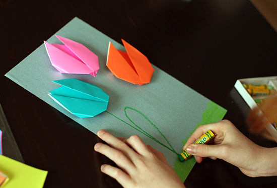 Spring drawing with origami tulips