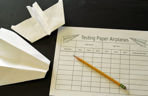 Paper airplane test flight recording sheet