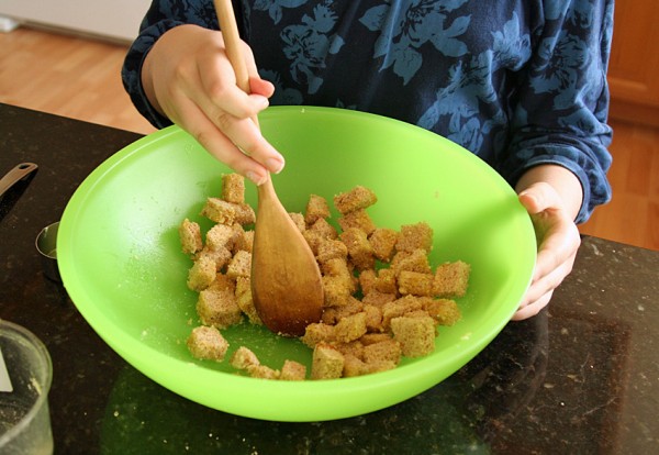 Making homemade Parmesan croutons