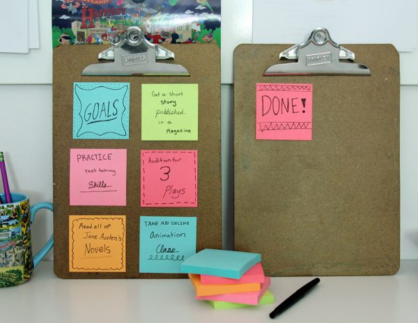 Student goal board with Post-it Notes