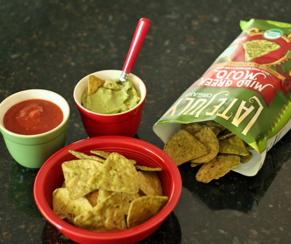 Salsa, guacamole, and chips for a red and green meal