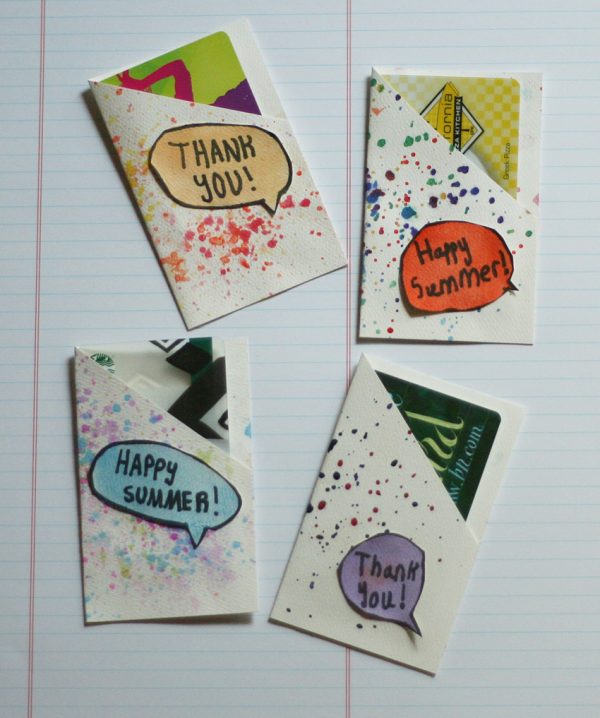 Kid-made splatter paint gift card pockets