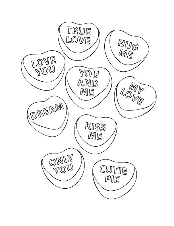 coloring pages of hearts with ribbons. Candy Hearts Coloring Page