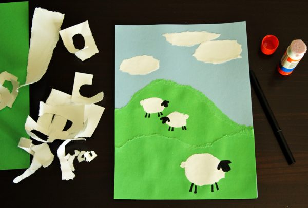 Torn paper sheep craft project