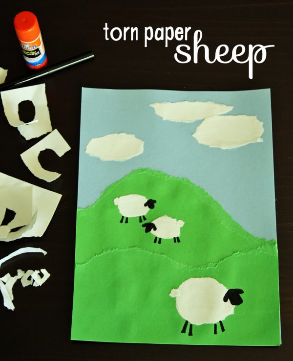 Torn paper sheep art project for kids