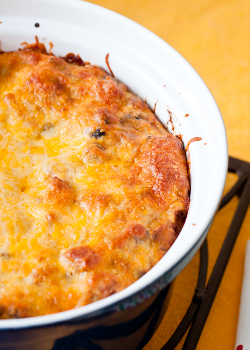 close up of Chicken Black Bean Enchilada Pie 