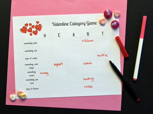 Valentine category game printable