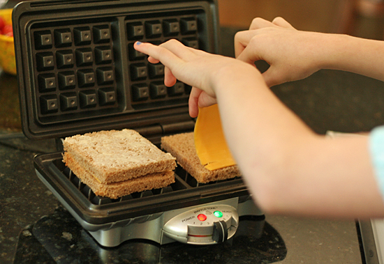 Waffle iron grilled cheese sandwich