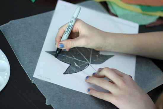 Tracing leaf shapes on wax paper