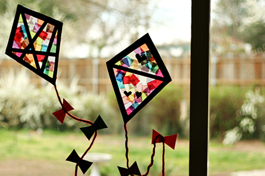 Colorful Stained Glass Kites Window Display Make and Takes