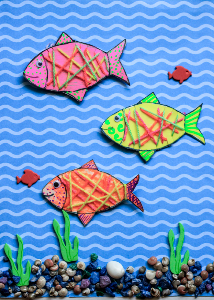 DIY Yarn Wrapped Cardboard Fish Kids craft