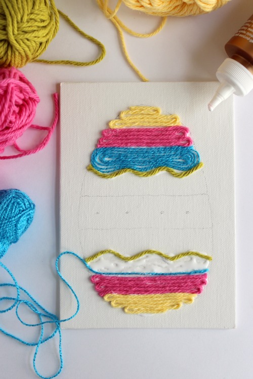 Gluing Yarn Art for Easter