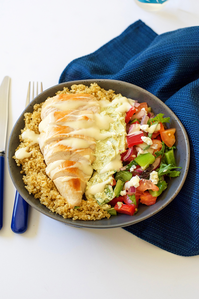 Greek Chicken, Avocado and Quinoa Salad Bowl recipe