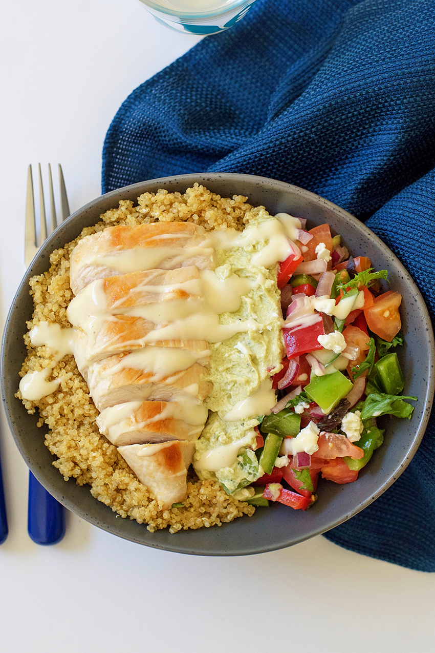 Greek Chicken, Avocado and Quinoa Salad Bowl recipe