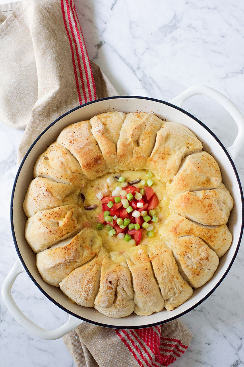Skillet Pull Apart Bread with Warm Cheese and Bacon Dip