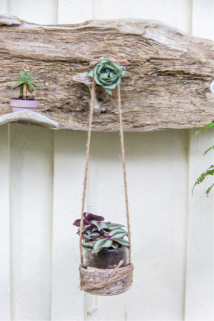 a green metal flower screwed to driftwood to hang a planter