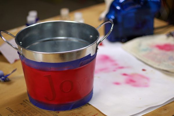 Joy stenciled bucket