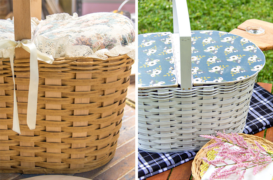 a before and after photo of an ordinary basket being turned into a picnic basket